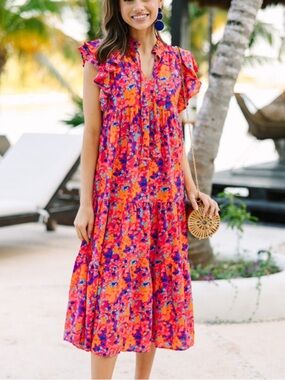 UMGEE Fuchsia Pink Colorful Print Midi Dess size Large NWT